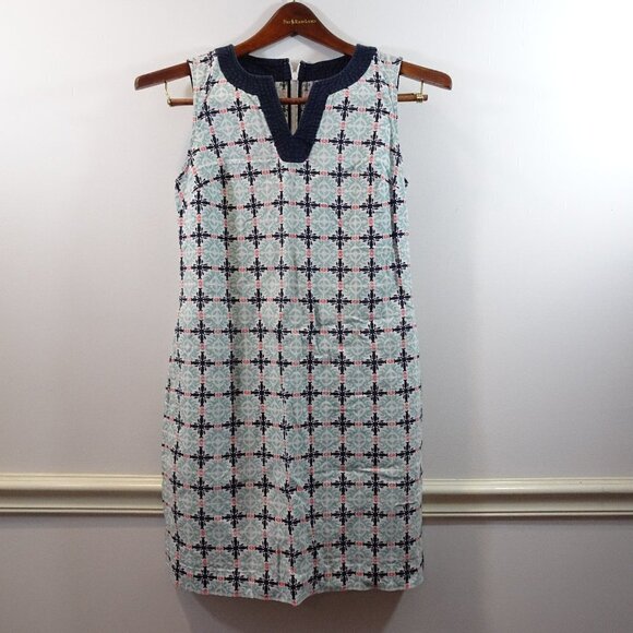 Talbots Sleeveless Dress Size 4P Mint Green Navy Blue Print Cotton Linen Sheath - Picture 1 of 7